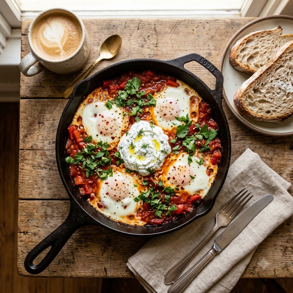 Wood-fired shakshuka with dill yogurt and house-baked bread