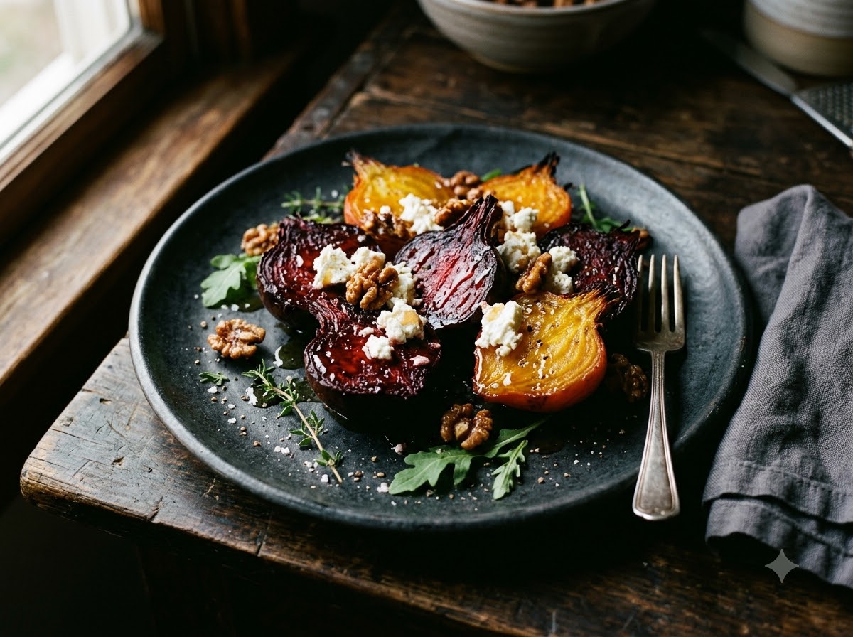 Ember-Roasted Beets — deep red and golden beets, goat cheese, walnut, honey