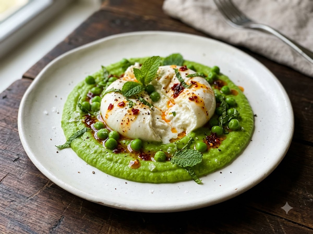 Spring Pea & Burrata — bright green pea puree, creamy burrata, mint, olive oil