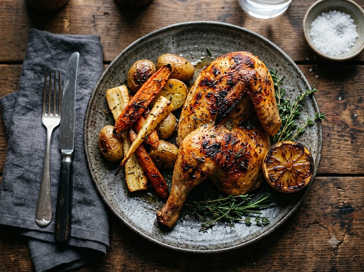 Wood-Fired Half Chicken — golden brown, herb-crusted, plated with seasonal vegetables